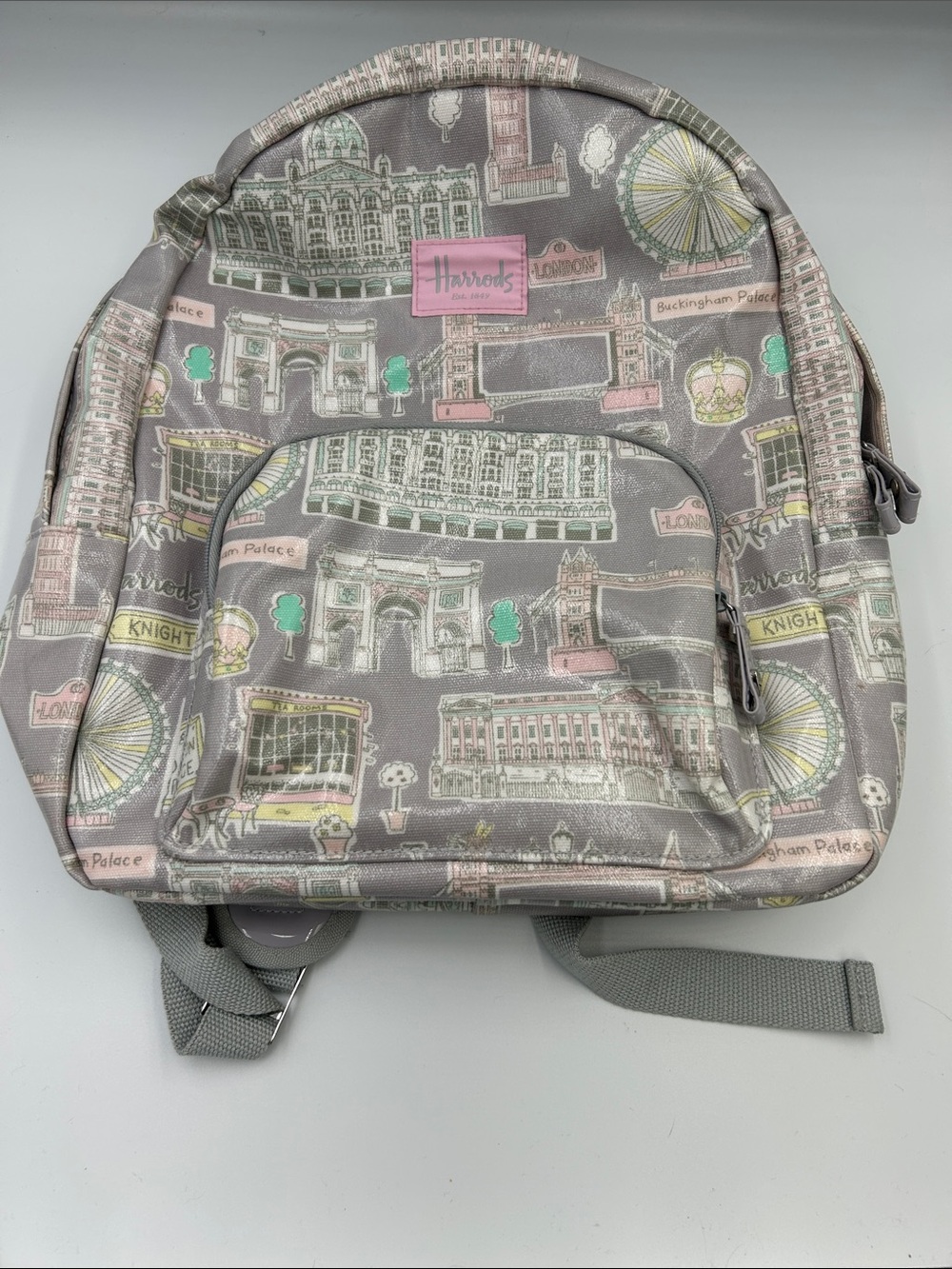 Harrods London Landmarks Backpack in Grey & Pastel Pink - Picture 2 of 8